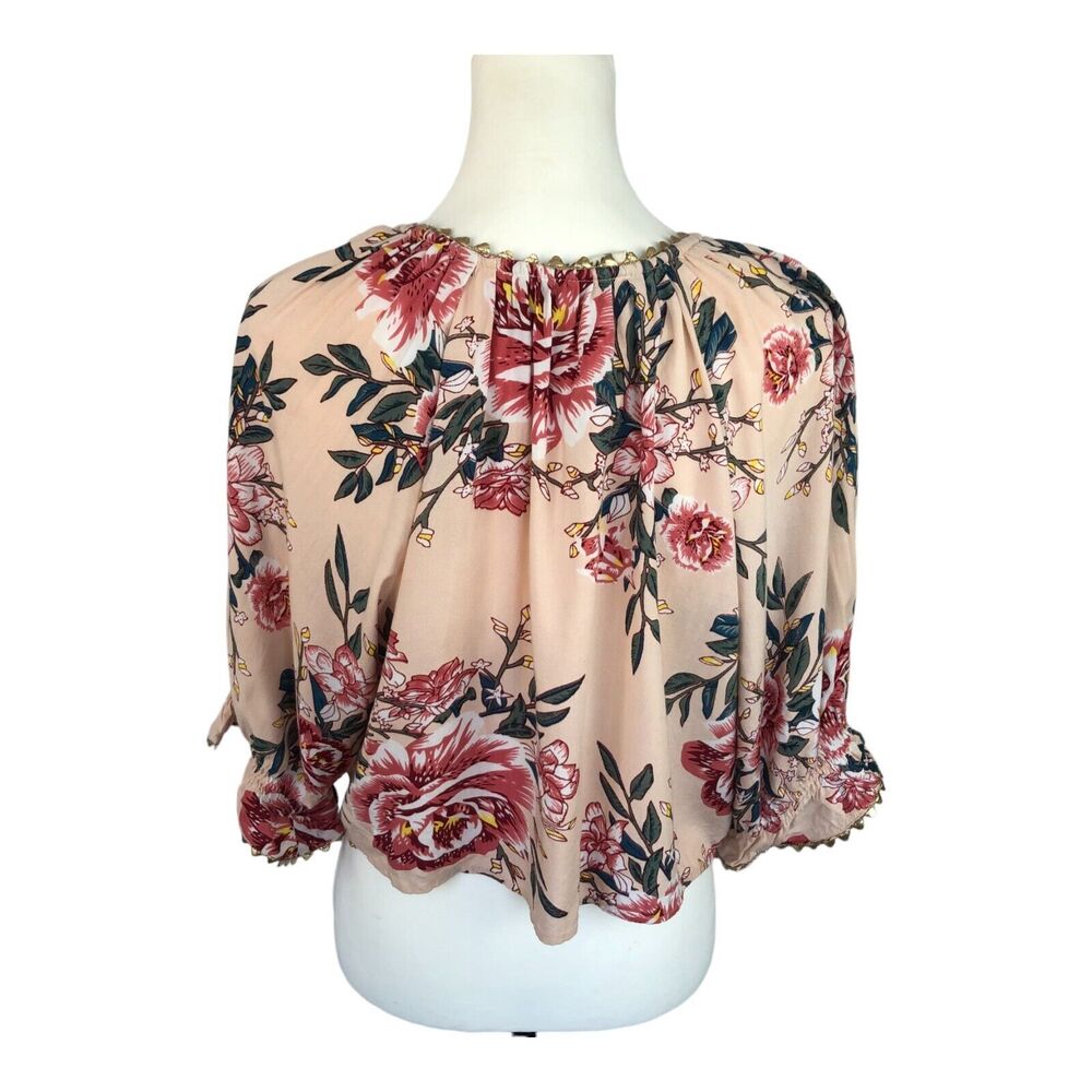 Z&L Made With Love Short Sleeve Floral V Neck Front Tie Cropped Top Sz M - Picture 7 of 15
